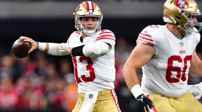Brock Purdy throws a pass in a 49ers win over the Raiders